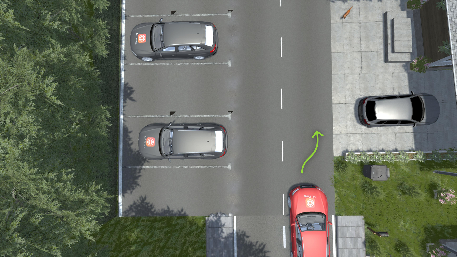 Balra előre merőleges parkoláshoz helyezkedik az úttesten egy tanulóautó.